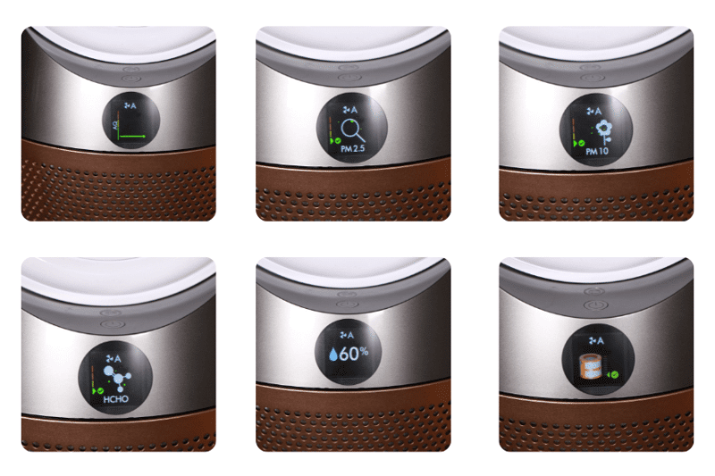 Варианты отображения информации на дисплее очистителя воздуха Dyson Purifier Humidify+Cool Formaldehyde PH04.